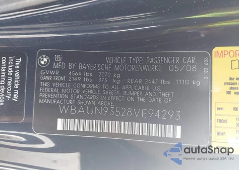 2008 BMW 135I из США, поврежденный, VIN WBAUN93528VE94293